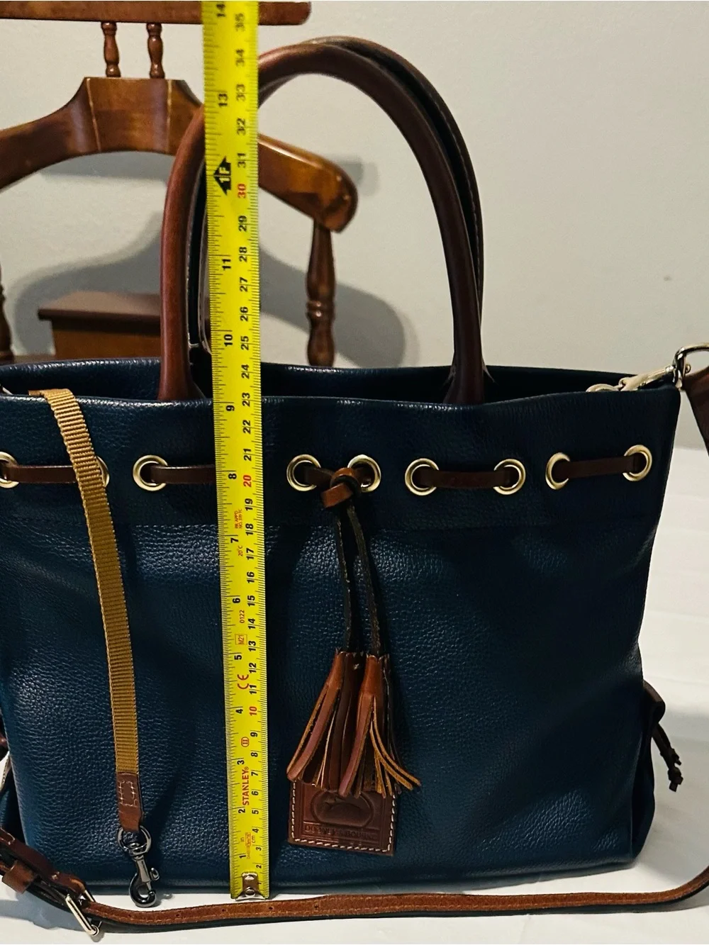 Dooney & Bourke Navy Blue Leather Satchel with Brown Trim and Tassels